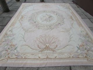 Old Hand Made French Design Wool Beige Grey Large Aubusson 366x272cm