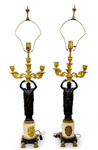 Empire Figural Gilded Bronze And Marble Candelabra Lamps
