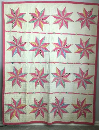 Vintage Hand Sewn Eight Pointed Star Applique Quilt In Feed Sack Fabrics