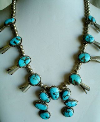 Vintage Sterling Silver And Turquoise Squash Blossom Necklace