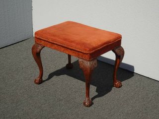 Vintage French Country Orange Velvet Bench Footstool W Carved Cabriole Legs