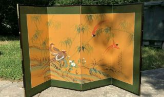 Vintage Japanese Chinese 4 Panel Folding Screen Painted Birds 60 X 35