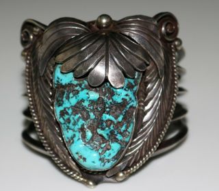 Huge Vintage Navajo Indian Sterling & Turquoise Cuff Bracelet Chunky 127.  5 Grams
