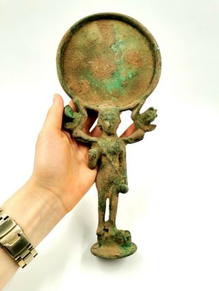 Ancient Roman Ca.  200 Ad Bronze Mirror With Diana Figure As Handle - R560