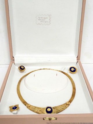 68g 18k Gold Greek Ancient Olympia Natural Lapis Necklace Earring Ring Set Suite