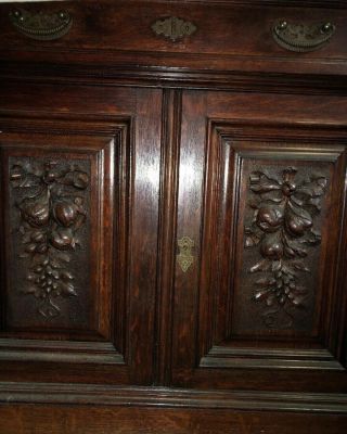 Antique French Carved Renaissance R Buffet Cabinet Mahogany Color Oak Fruits Bow 2