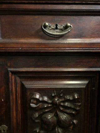 Antique French Carved Renaissance R Buffet Cabinet Mahogany Color Oak Fruits Bow 4