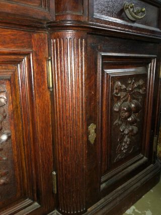 Antique French Carved Renaissance R Buffet Cabinet Mahogany Color Oak Fruits Bow 5