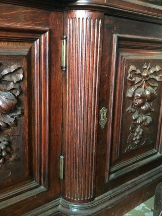 Antique French Carved Renaissance R Buffet Cabinet Mahogany Color Oak Fruits Bow 8