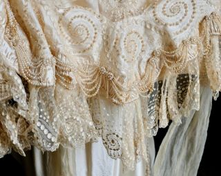 Antique Silk Wedding Evening Gown Ensemble Edwardian Victorian Beaded Lace XS 11