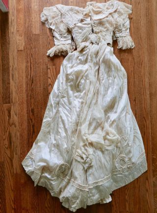 Antique Silk Wedding Evening Gown Ensemble Edwardian Victorian Beaded Lace XS 2