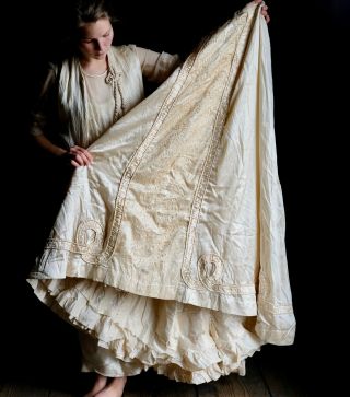 Antique Silk Wedding Evening Gown Ensemble Edwardian Victorian Beaded Lace XS 4