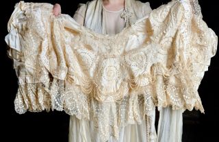 Antique Silk Wedding Evening Gown Ensemble Edwardian Victorian Beaded Lace XS 6