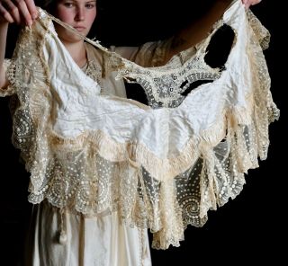 Antique Silk Wedding Evening Gown Ensemble Edwardian Victorian Beaded Lace XS 9