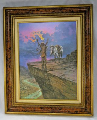 Vintage Print On Canvas Indian Warrior Sorcery Shaman N Horse Grand Canyon