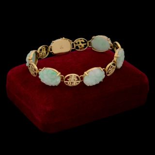 Antique Vintage Art Deco 14k Gold Chinese Hong Kong Carved Jadeite Jade Bracelet
