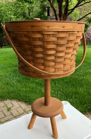 Vintage Longaberger Sewing Basket On Wood Footed Stand Dated 1985 Leather Hinges
