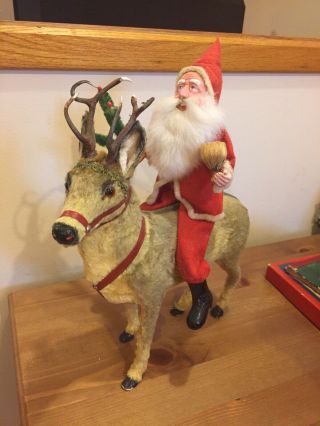 Rare Scarce 1920 Santa Claus Reindeer Germany Large Antique Mache Composition