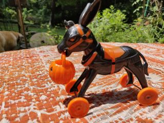 Vintage Plastic Halloween Donkey On Wheels With Jack - O - Lantern In Mouth