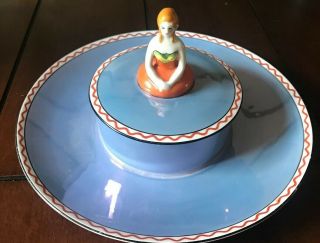 Vintage Rare Noritake Hand Painted Blue Luster Cracker & Cheese Plate Lady Handl