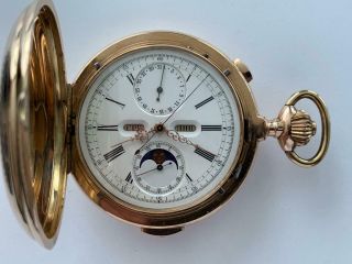 Swiss 1/4 Repeater Moonphase Calendar Chronograph 14k Gold Russian Pocket Watch
