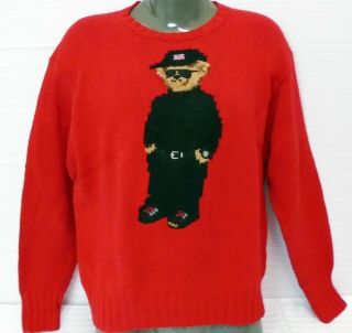 Vintage Polo Ralph Lauren Cool Bear Knit Sweater Red Sz Medium Mens 90s