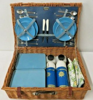 Vintage Brexton Woven Picnic Basket Wicker England Plate Settings & Thermos