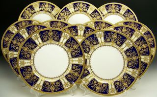 Set Of 12 Minton For Tiffany & Co.  H3143 Raised Gold Cobalt Blue Dinner Plates