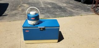 Vintage 1970s Coleman Large Metal Cooler Ice Chest Box Blue W/matching Water Jug