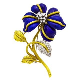 18k Yellow Gold Diamond Lapis Lazuli Vintage Flower Pin Brooch 1.  50ct 63 Grams