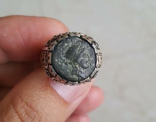 Cleopatra Authentic Ancient Coin 925 Sterling Silver Greek Motif Ring Sz 9.  5