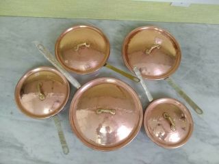 French Vintage Set Of 5 Copper Saute Pans With Lids