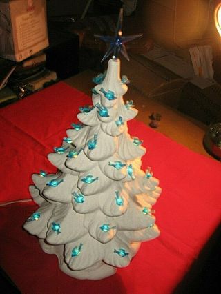Vintage White Ceramic Christmas Tree 20 " Light Up & Blue Birds