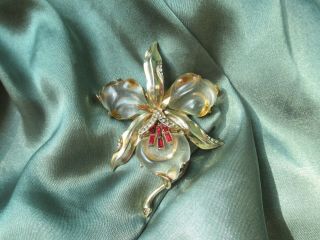 Trifari sterling orchid pin brooch jelly belly vintage jewelry 2