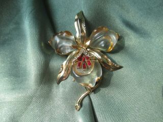 Trifari sterling orchid pin brooch jelly belly vintage jewelry 3