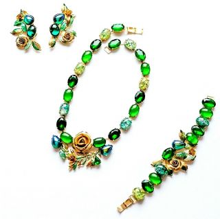 Zoe Coste - Paris France Vintage - Green Glass Necklace,  Earrings,  Bracelet Set