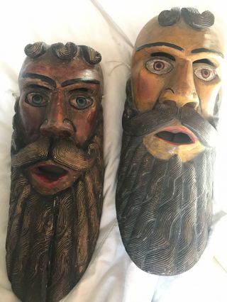 Vintage Mexican Folk Art Wooden Carved Masks