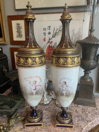 Pair 19th Century Sevres Cobalt Blue Hand Painted Porcelain Vases Signed 24.  5” 10