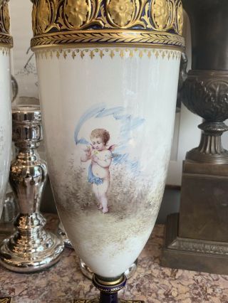 Pair 19th Century Sevres Cobalt Blue Hand Painted Porcelain Vases Signed 24.  5” 12