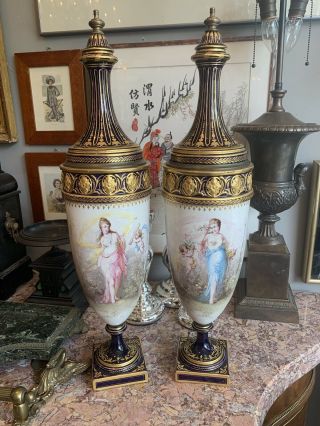 Pair 19th Century Sevres Cobalt Blue Hand Painted Porcelain Vases Signed 24.  5”
