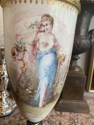Pair 19th Century Sevres Cobalt Blue Hand Painted Porcelain Vases Signed 24.  5” 2