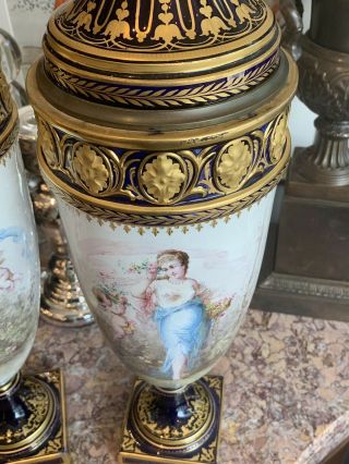 Pair 19th Century Sevres Cobalt Blue Hand Painted Porcelain Vases Signed 24.  5” 7