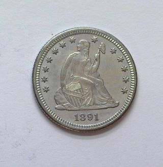 1891 - O Seated Liberty Silver 25 Cents Near Choice Uncirculated,  Rare Keydate