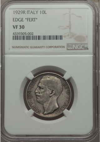 Rare 1929 Italy Silver 10 Lira - King Vittorio Emanuel/ancient Quadriga - Ngc Vf 30