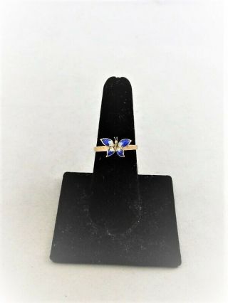 Vintage Antique Ladies 14k Gold Blue Enamel Butterfly Ring Size 6