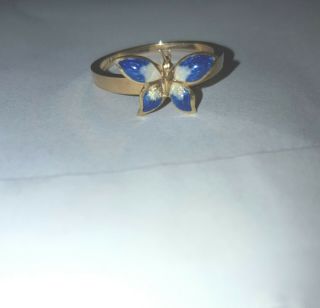 Vintage Antique Ladies 14k Gold Blue Enamel Butterfly Ring Size 6 5