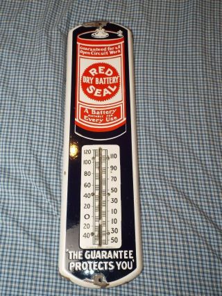 Vintage C.  1915 Red Seal Battery Gas Oil 27 " Porcelain Metal Thermometer Sign