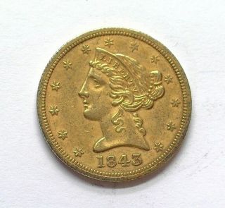 1843 - O Liberty Head $5 Gold - Large Letters - Nearly Uncirculated Rare