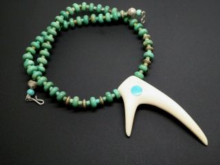 Vintage Navajo Natural Turquoise Gemstone Sterling Shed Antler Necklace 17 "