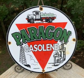 Vintage Paragon Gasoline Porcelain Gas Service Station Pump Plate Sign